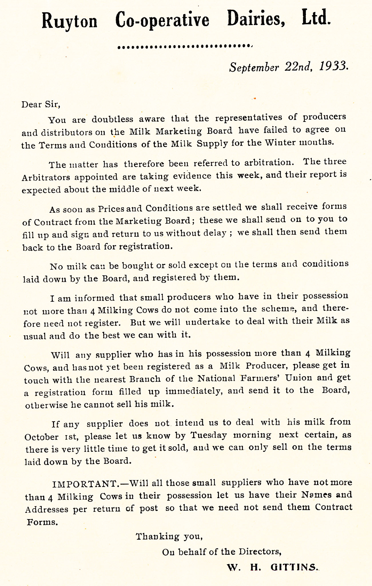 1933, September. Letter from Mr W.H. Gittins to the Company's suppliers about the need to register for the Milk Marketing Board operation about to start, for those who have more than four milking cows.