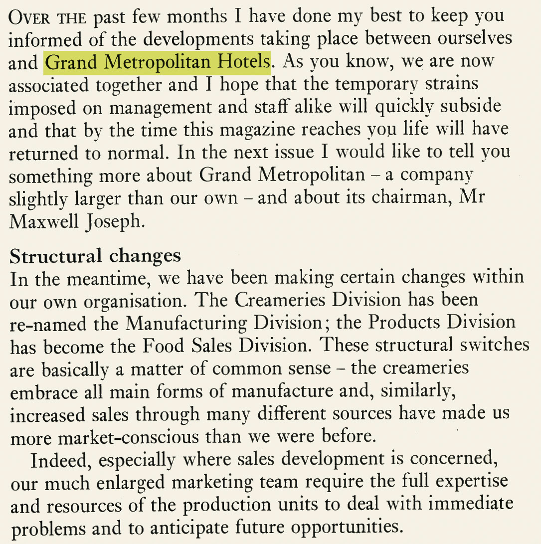 1969 Confirmation by E.K. Robarts of the acquisition of Express Dairy by Grand Metropolitan Hotels, and organisational changes within Express. (Express News Christmas)