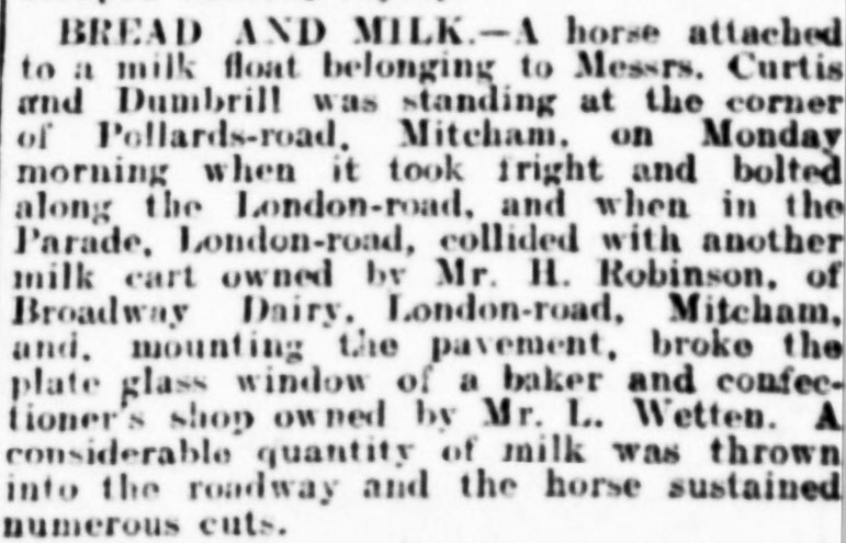 1923 Robinson milk cart and baker's shop hit by run-away horse. Mitcham Advertiser – Friday 22 June 1923 (Courtesy Mitcham History, Courtesy of THE BRITISH LIBRARY BOARD)