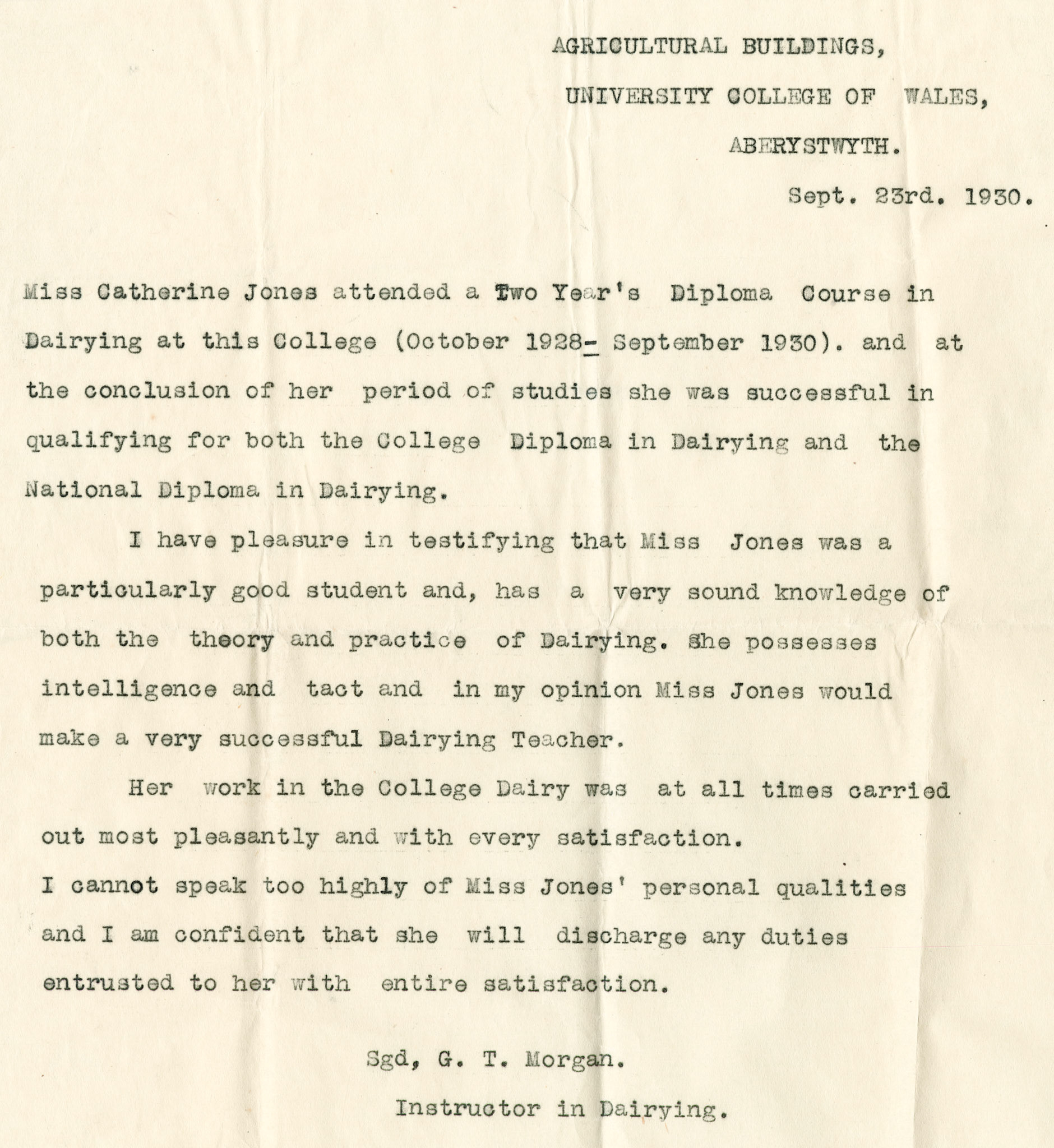 1930 Ruyton Co-operative Dairies-Cheesemaker Job Applications-Miss Catherine Jones