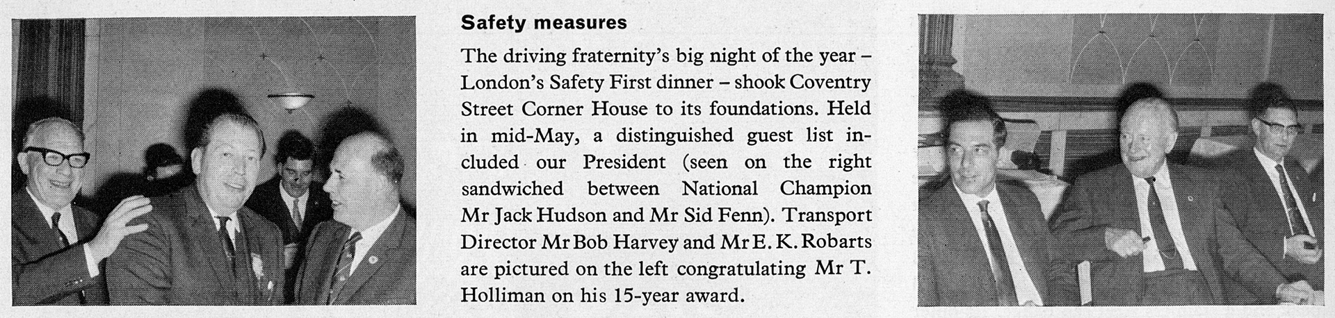 1966 Transport Dept's 'Safety First' dinner with Walter Nell, Jack Hudson, Sid Fenn, Bob Harvey, E.K. Robarts and T. Holliman. (Express News Summer 1966)