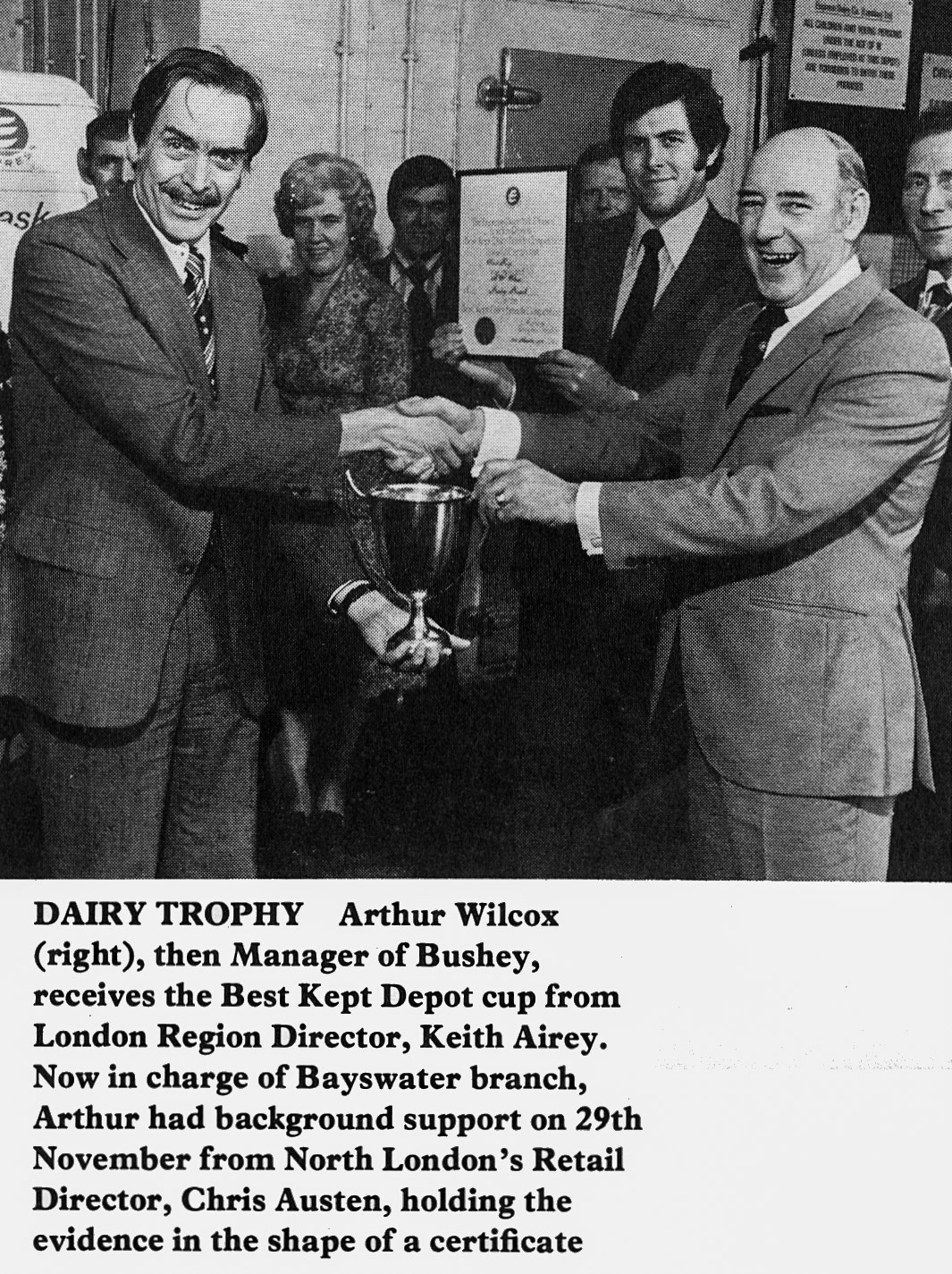 1979 Bushey Manager Arthur Wilcox wins Best Kept Depot, presented by Keith Airey and Chris Austen. (Express News Spring)