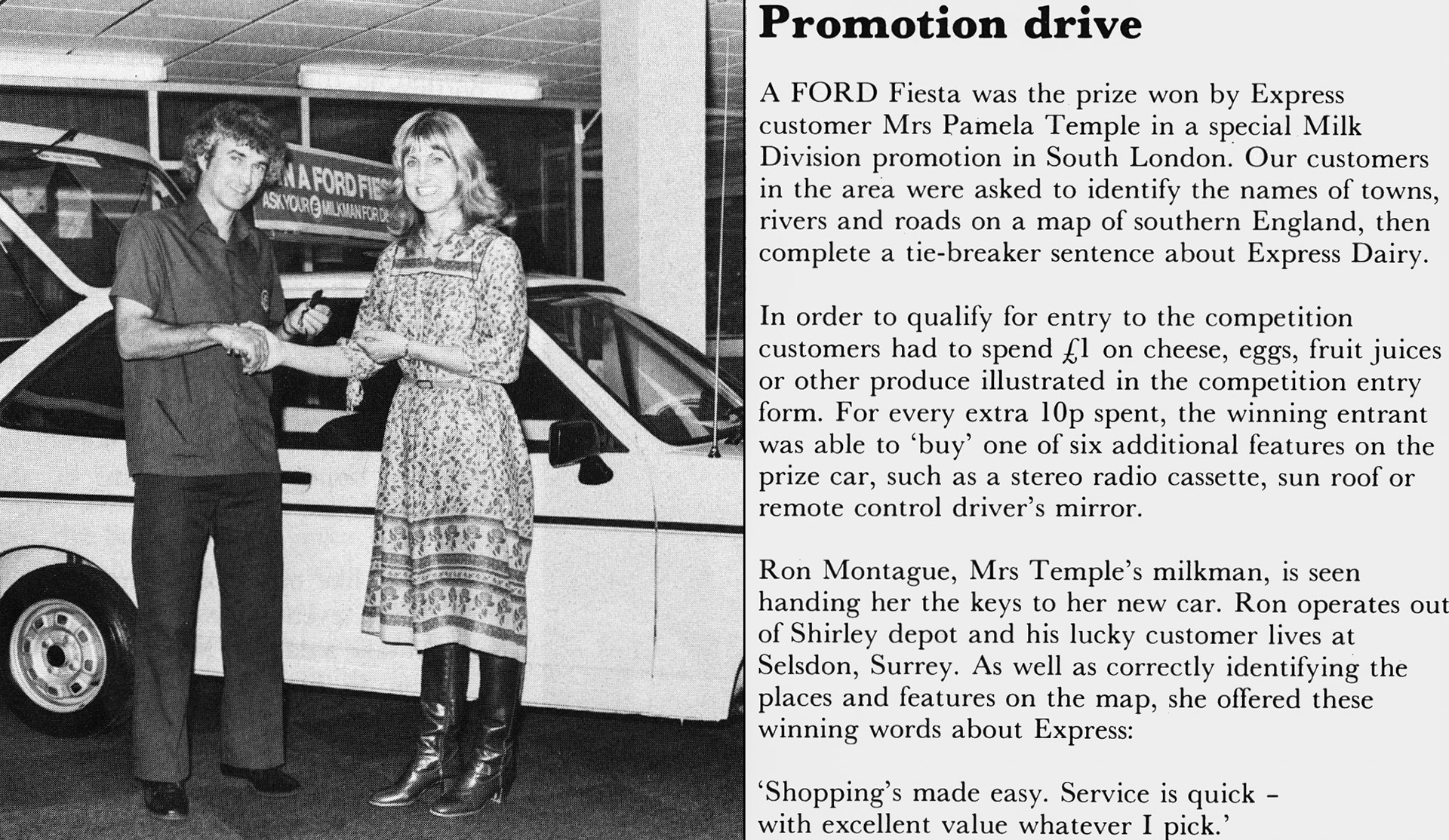 1981 Shirley milkman Ron Montague presents customer Pamela Temple with the keys to a new Ford Fiesta, part of a milk promotion. (Express News December)