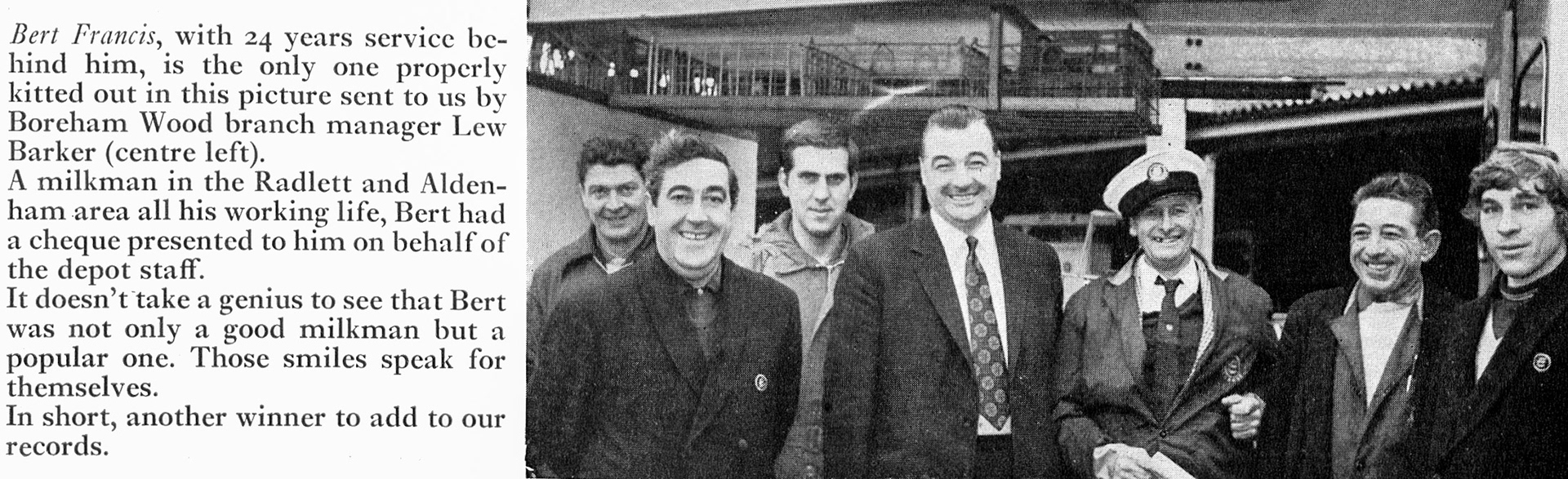 1973 Borehamwood milkman Bert Francis retires after 24 years service. Colin Bull comments "Lou Barker in the middle, the chap on the left not sure of his name I think his brother Brian worked at Borehamwood as well." (Express News Summer)