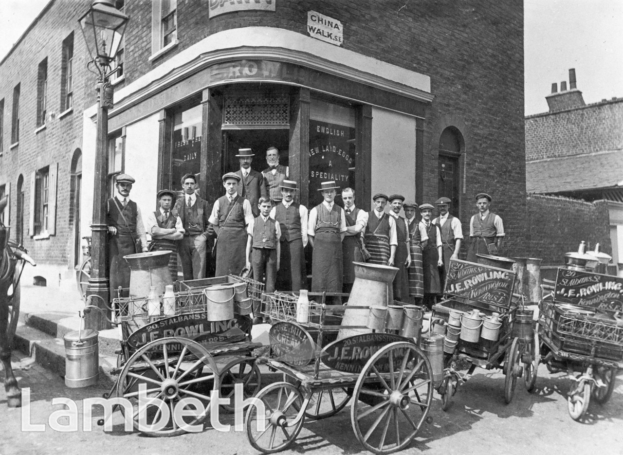 1920's JE Rowling's dairy at St Alban's Street and China Walk. Standing in the door are (left) J.J.J.Rowling and (right) J.E. Rowling. (Courtesy Lambeth Archives Dept)