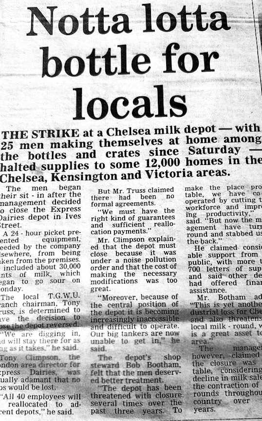 1983, January. Chelsea Depot at Ives Street - milkmen locked themselves in the depot to strike against depot closure. (Courtesy Bob Boothman, via Atul Shah)