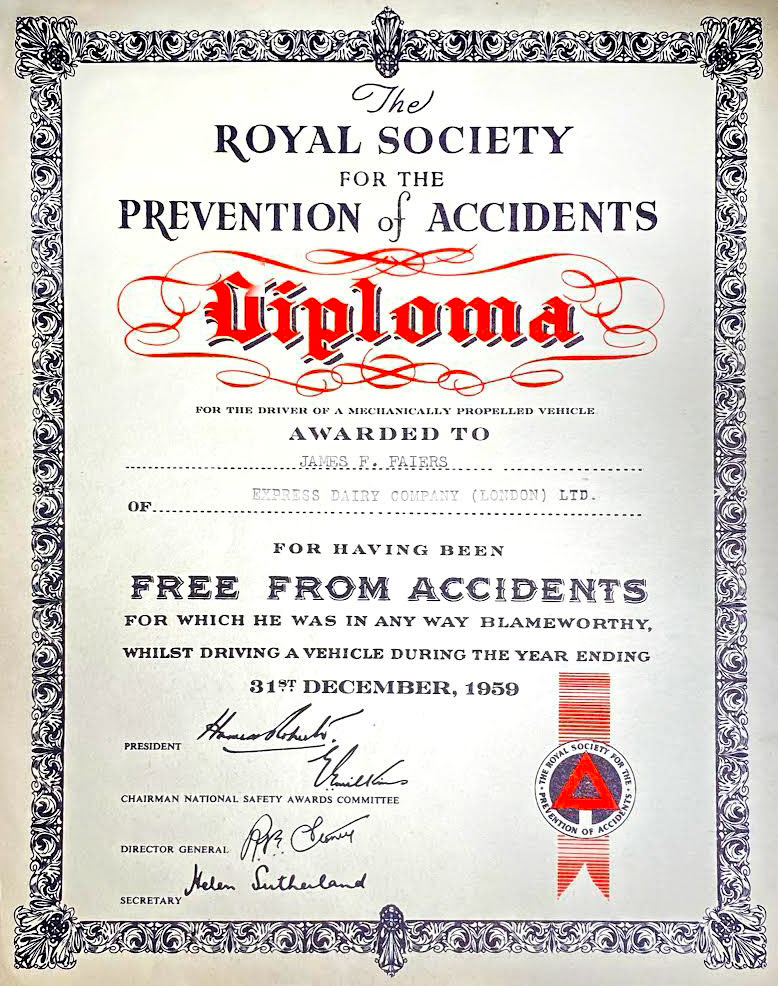 1960, Jim Faiers ROSPA Safe Driving Award (Courtesy Adam Faiers)