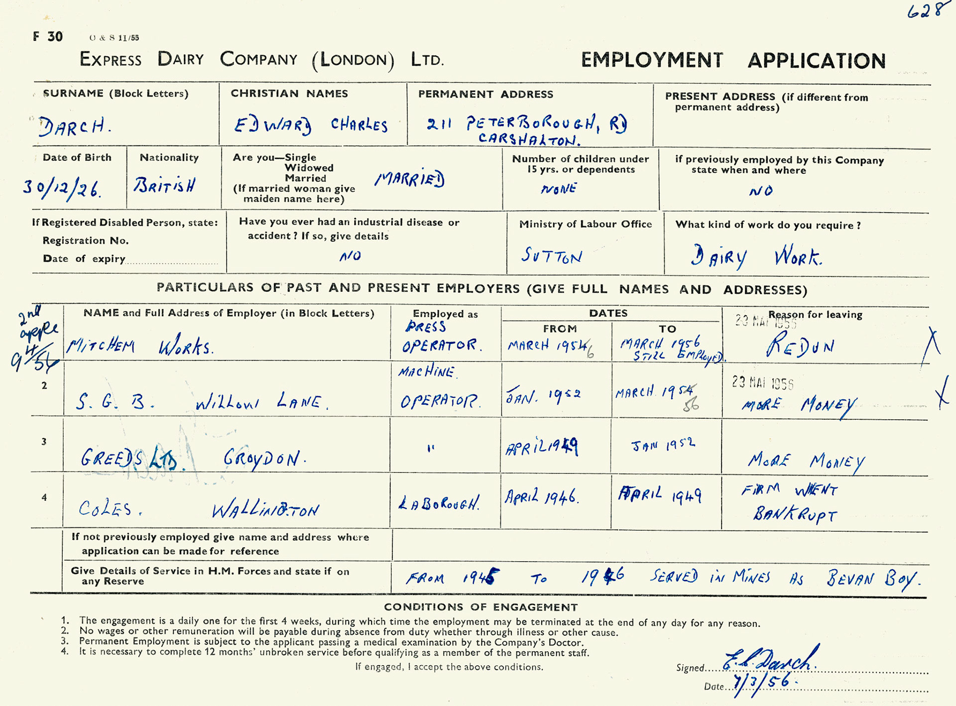 1956 South Morden employment application by Ted Darch, who carried on working at South Morden, as filler supervisor, until the 1980's. Application approved and signed by Mr McNair, the then manager. Interesting to note that Ted worked in the coal mines as a Bevin Boy from 1945-6. Bevin Boys were young British men conscripted to work in coal mines between December 1943 and March 1948, to increase the rate of coal production (Courtesy Mark Hudson)