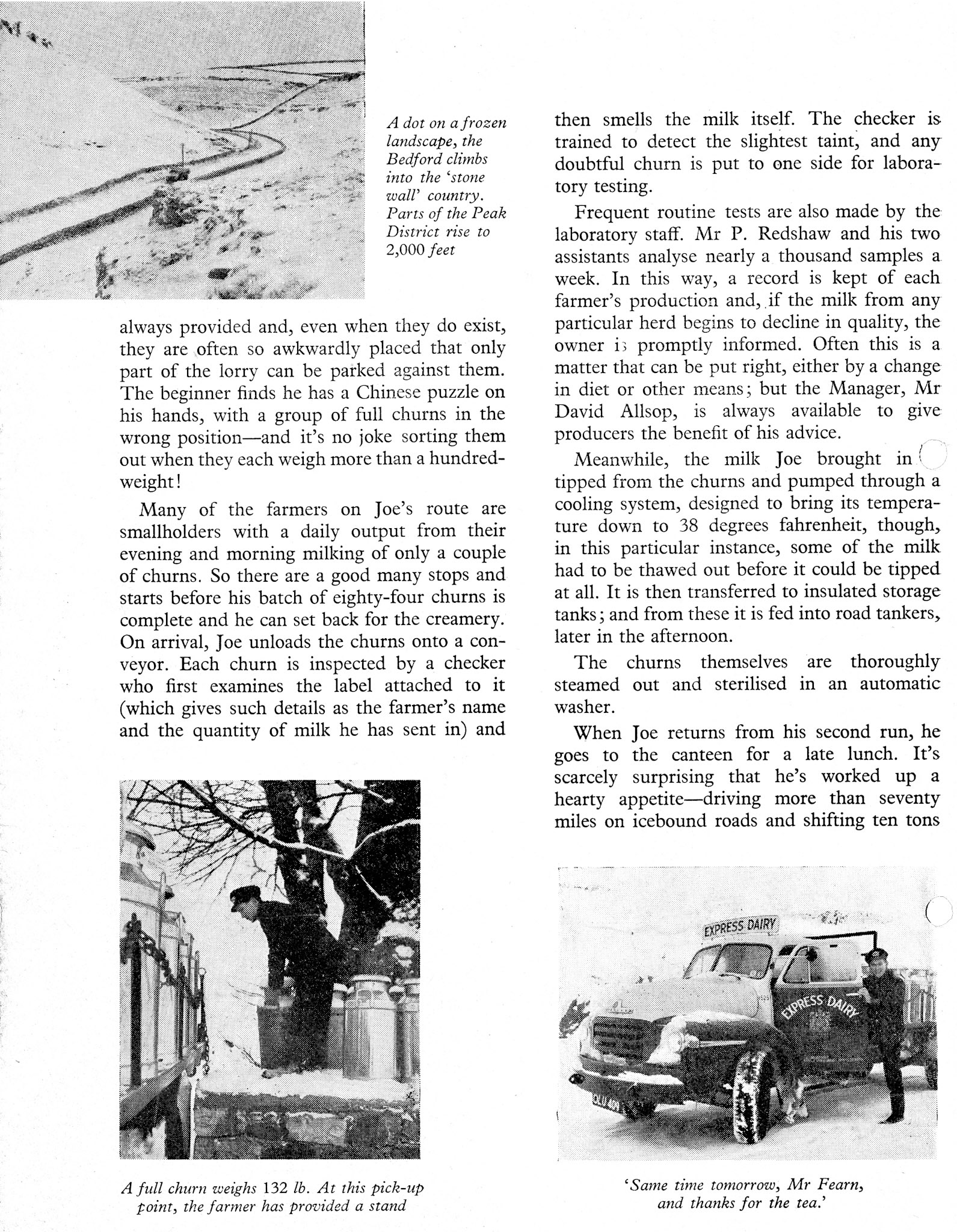 1956 Rowsley milk collection article featuring churn lorry driver Joe Dakin, Transport Foreman Roy Gratton, Laboratory Supervisor P. Redshaw and Dairy Manager David Allsop.  (Express News April)