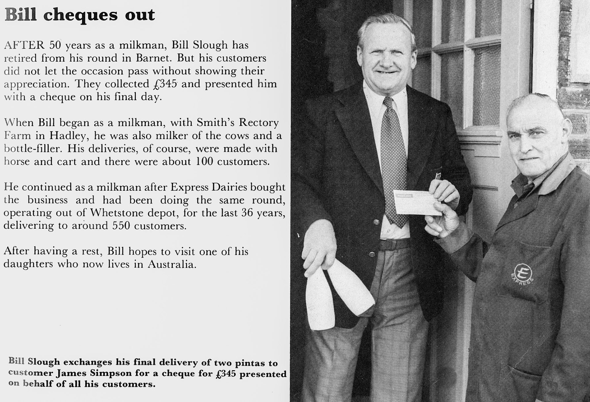 1981 Barnet milkman Bill Slough retires after 50 years from Whetstone Depot. (Express News December)