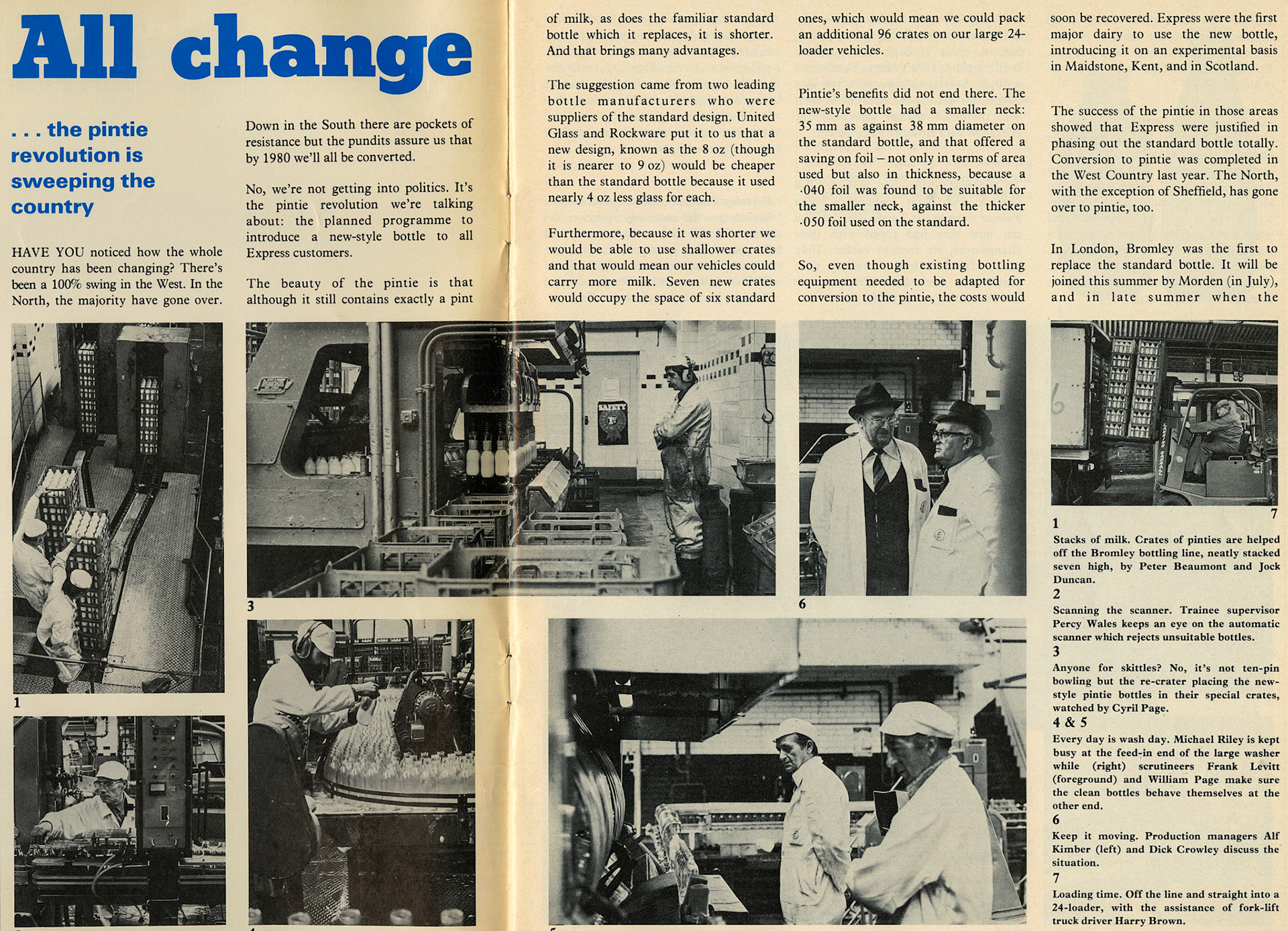 1979 Bromley Pintie Changeover  from Express News (Peter Beaumont, Jock Duncan, Percy Wales, Cyril Page, Michael Riley, Frank Levitt, William Page, Alf Kimber, Dick Crowley, Harry Brown) Michael Strotton comments "I lived opposite in College Road 1956 to 1978. Looked out onto Farwig Lane, The Royal Oak pub and the bottling plant. There was also an Express dairy shop and a post office in College Road. Frequently heard glass breaking when crates got dropped, and the stream of tankers bringing in the milk."