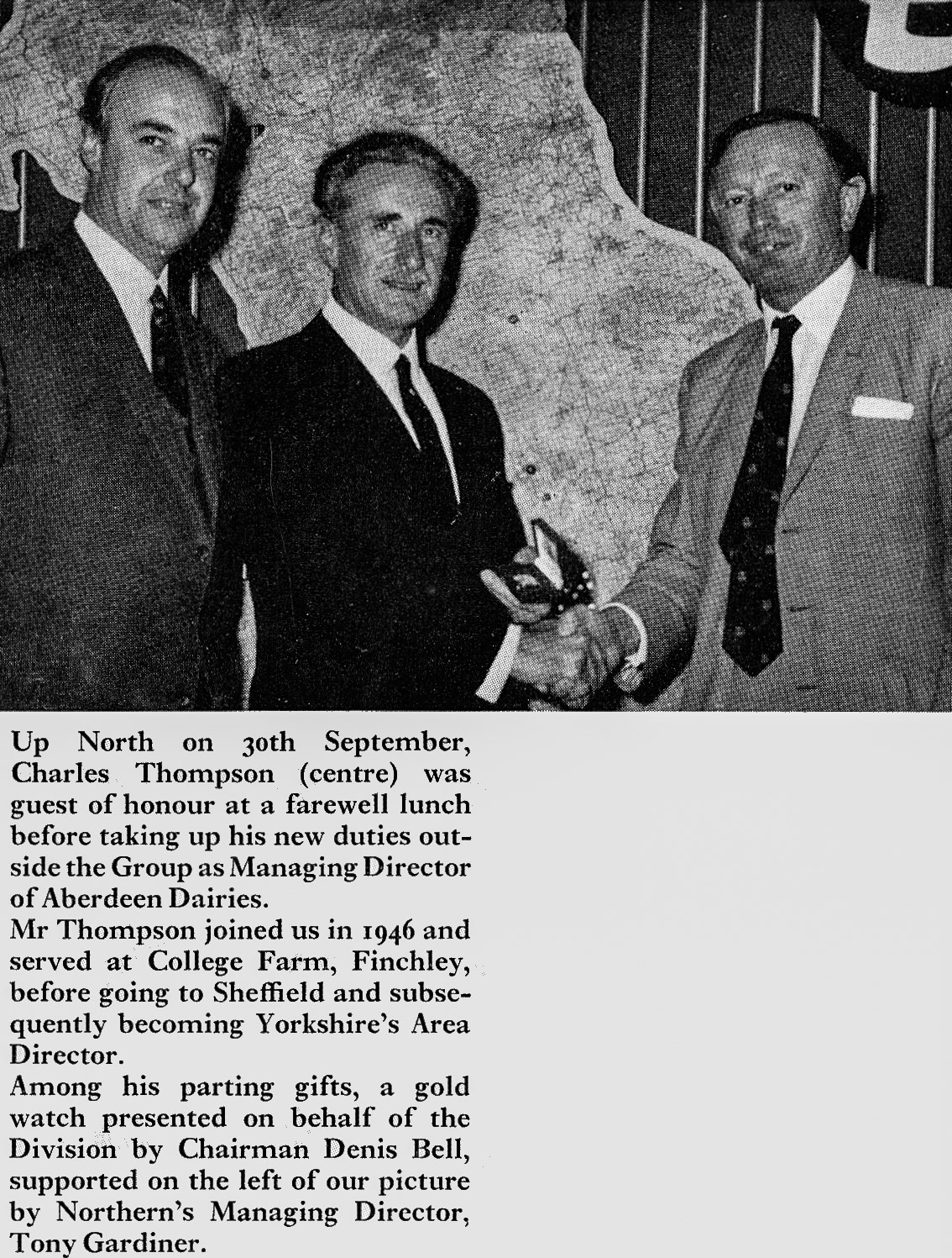 1969 Charles Thompson leaves Express after 23 years, after working at College Farm and then Sheffield as Yorkshire Area Director. Pictured in the centre, with Denis Bell and Tony Gardiner. (Express News Christmas)