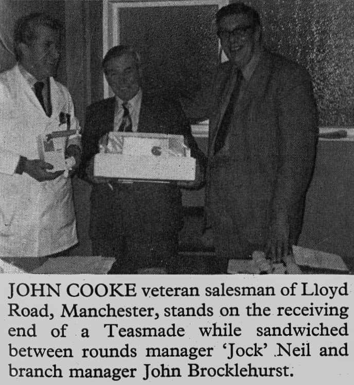1976 Lloyd Road salesman John Cooke retires, with Rounds Manager 'Jock' Neil and Manager John Brocklehurst. (Express News Summer)