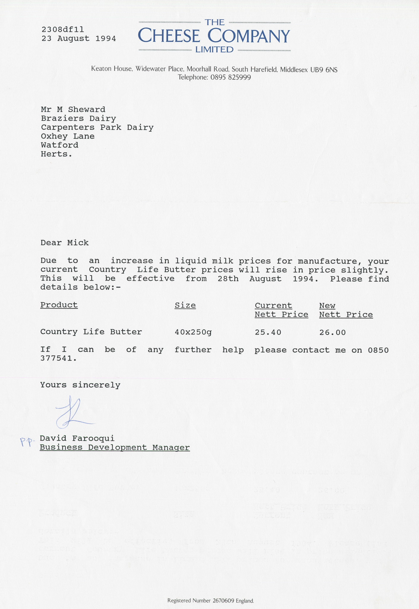 1994 Letter from David Farooqui, Express Business Development Manager to Brazier's informing about increased 'Country Life' butter prices. (Courtesy Paul Luke)
