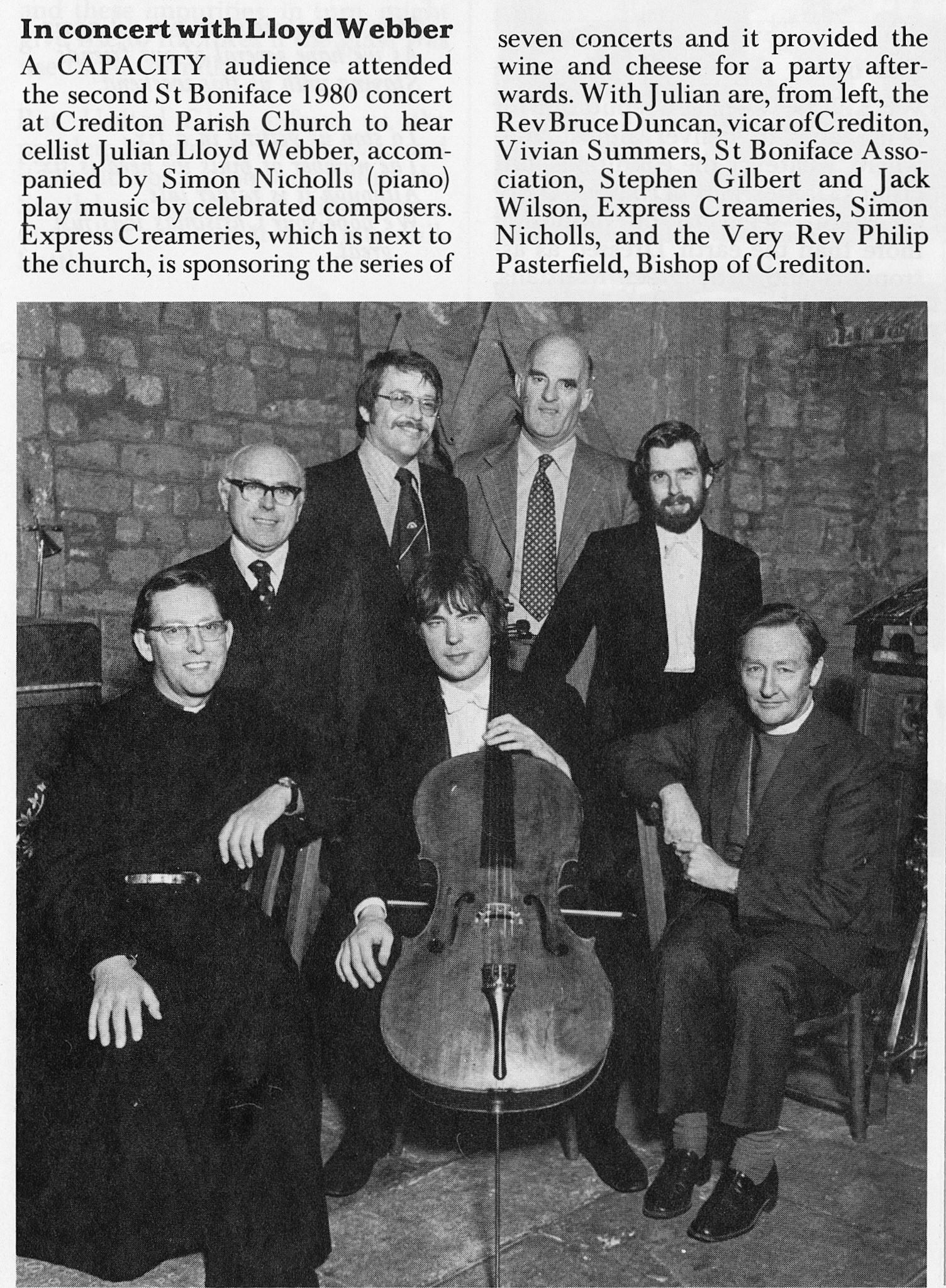 1980 Express Creameries sponsoring concerts at Credition Parish Church, including Julian Lloyd Webber on cello