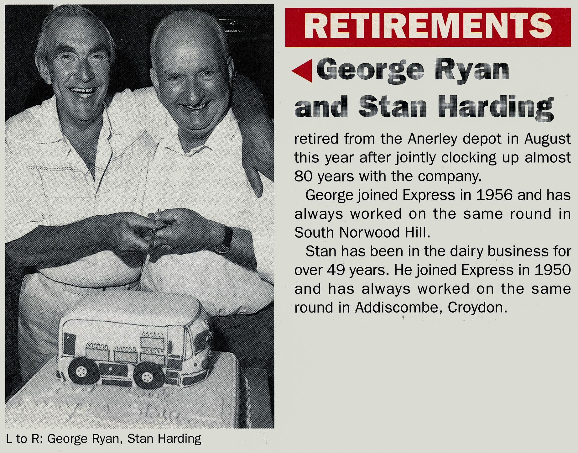 1990 Anerley retirements - George Ryan and Stan Harding (1990 Winter Tops Magazine, Courtesy Beryl Purslove)