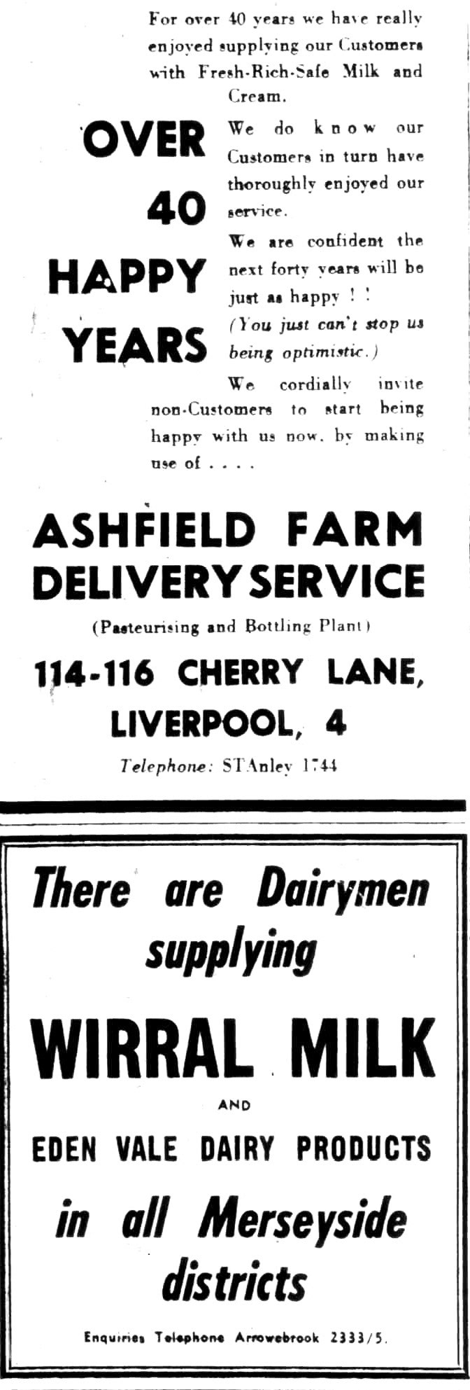 1964 Ashfield Farm Dairy celebrates 40 years. (Courtesy Liverpool Daily Post - Thursday 16 July)