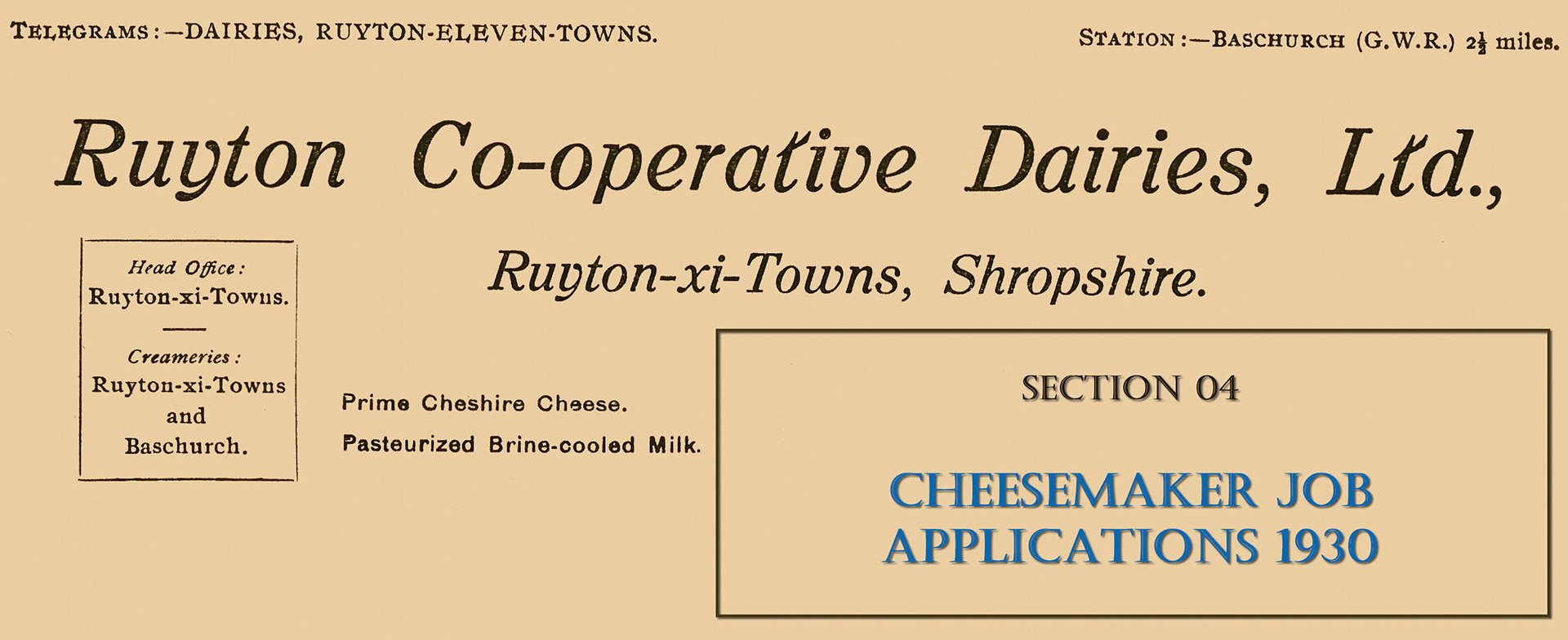 1930 Ruyton Co-operative Dairies-Cheesemaker Job Applications