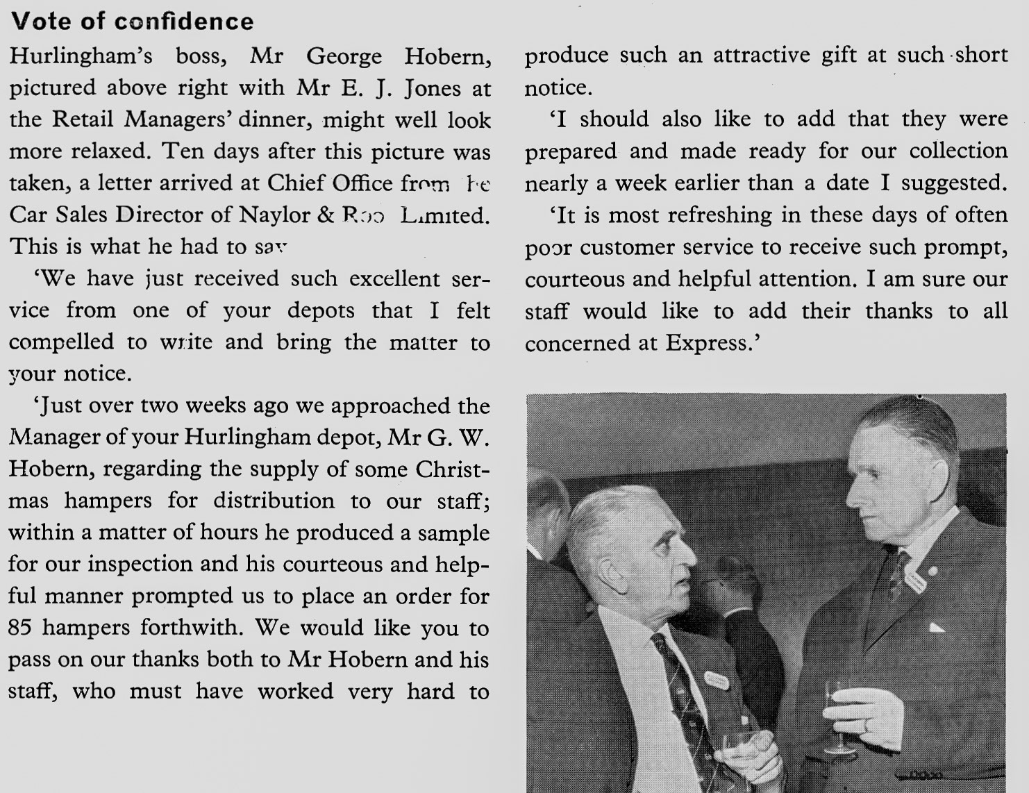 1965 Hurlingham manager George Hobern on the right, received praise for good customer service. Pictured with Mr E.J. Jones. Stephen John Wills comments "A great manager, always had his bowler hat". John Carey adds "That’s who I worked under, my old boss at Hurlingham". (April Express News)