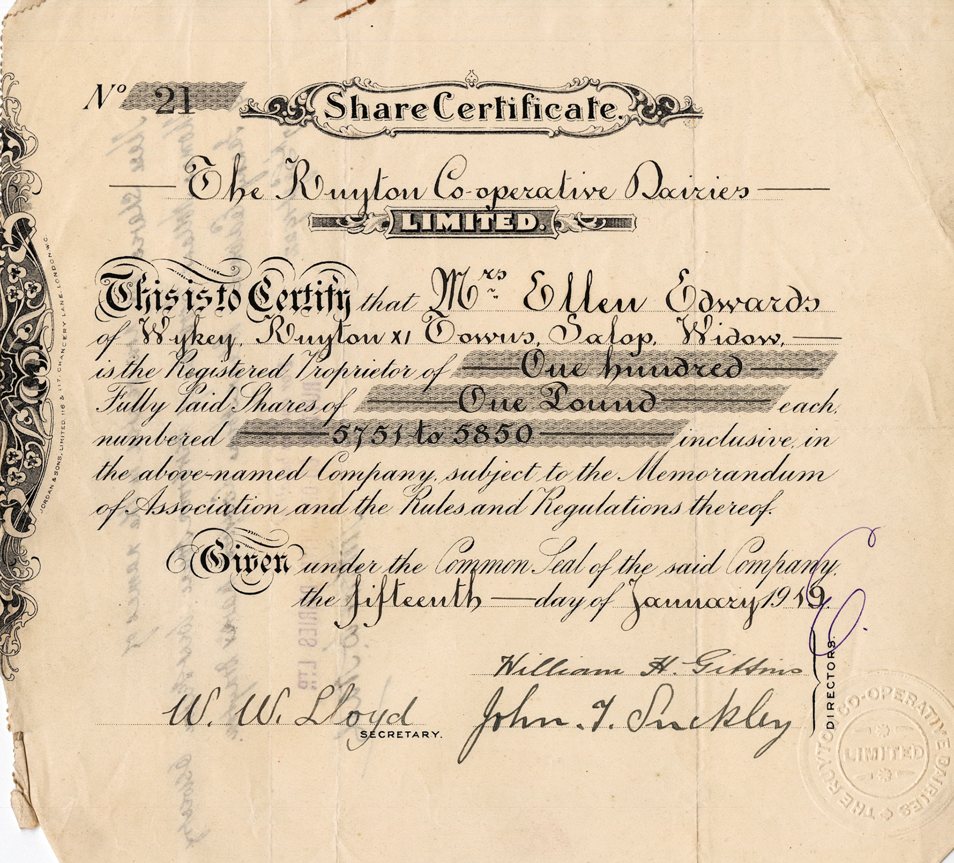 1919 Share Certificate-Mrs Ellen Edwards