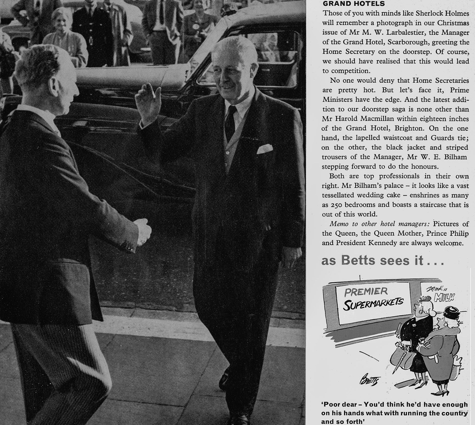 1962 Prime Minister Harold Macmillan at the Grand Hotel, Brighton being greeted by Mr M.W. Larbalestier.  (Express News Spring)