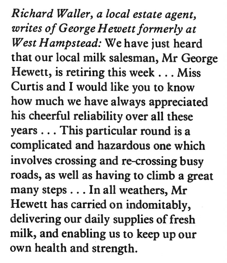 1978 West Hampstead milkman George Hewett praised on his retirement. (Express News Autumn)