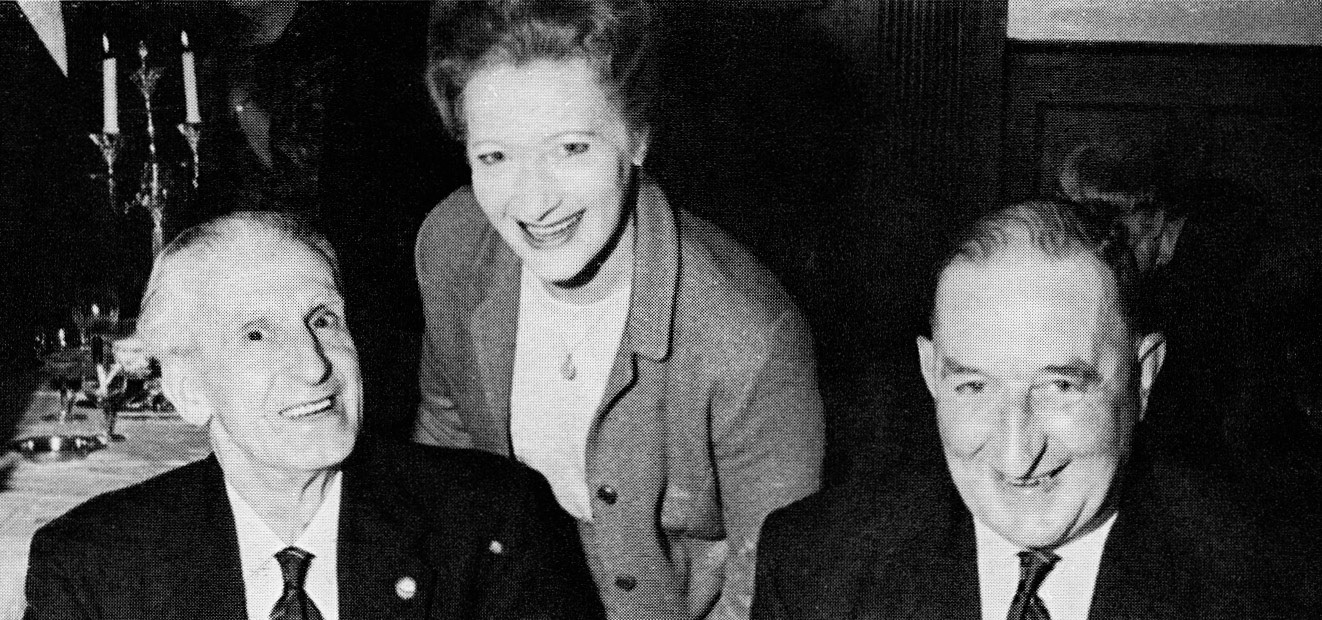 1968, March. Milborne St Andrew staff at Long Service Dinner in Bath-E.A. Davis, Miss J.M. Brown and A.C. Stanford.