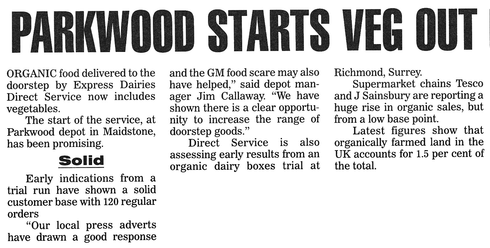 1999 Parkwood Depot starts delivering organic vegetables. (Express News October, courtesy Paul Luke)