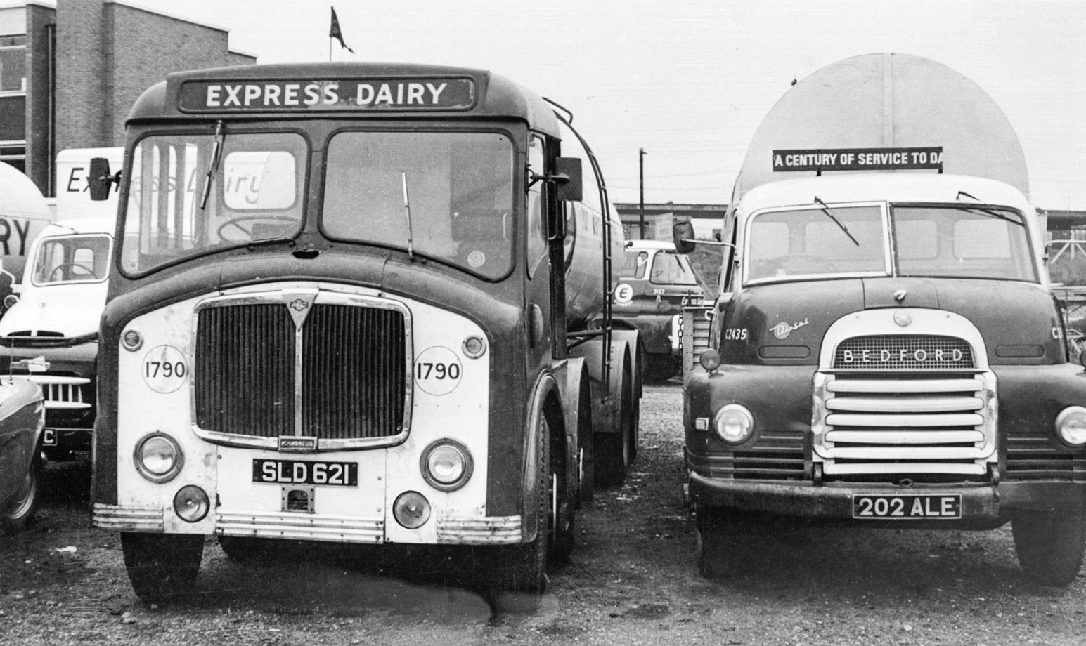 1960s? Two tankers parked up with other Express vehicles. AEC Tanker SLD 621, Co: 1790 alongside Bedford 202 ALE, Co: 2435. (Courtesy Paul Luke)