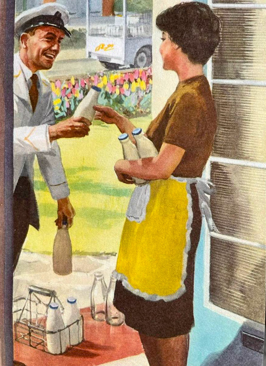 1962 Ladybird Books-The Milkman, from 'Telling the Time'. Artist: Harry Wingfield