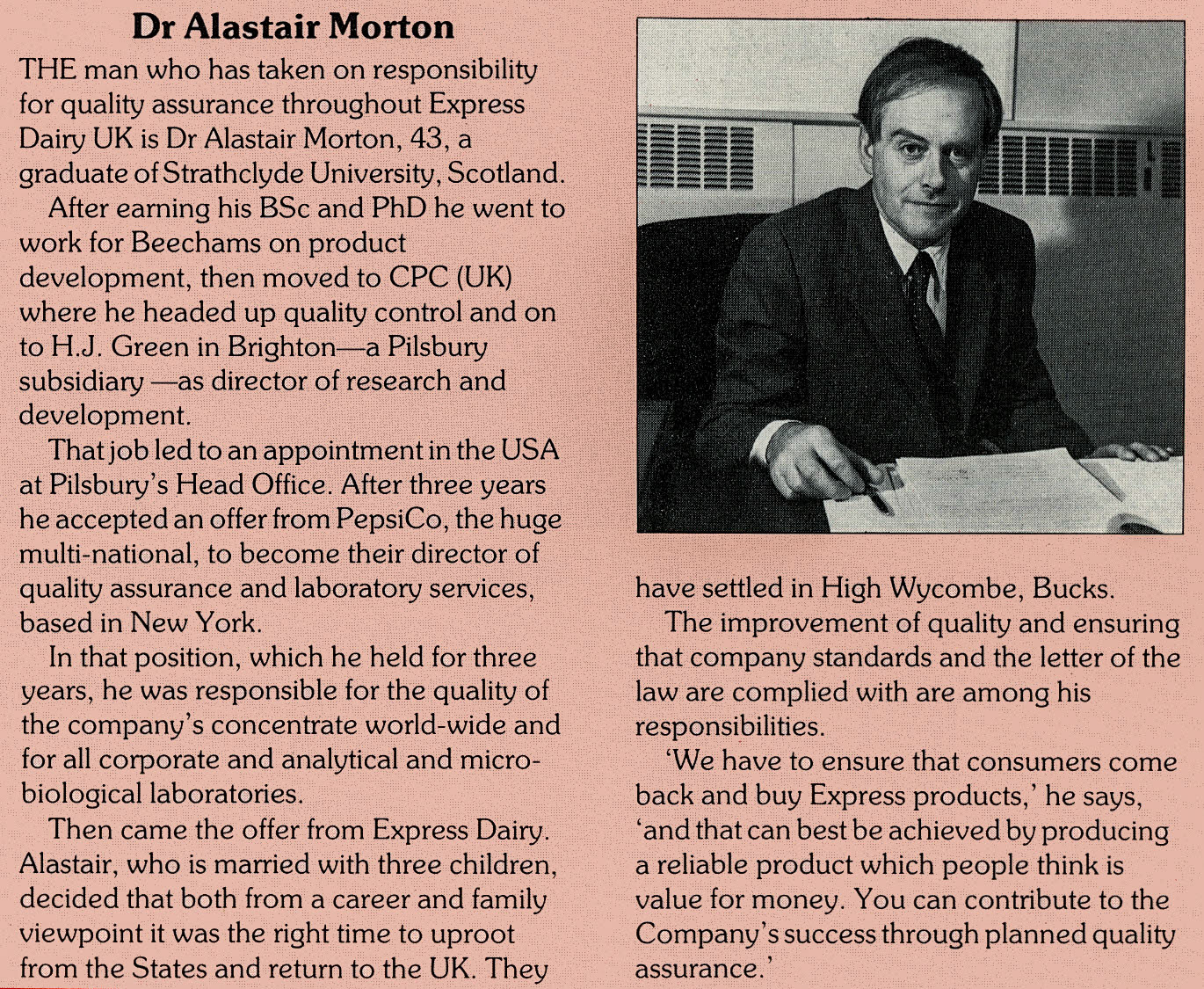 1984 Profile of Dr Alistair Morton, Director of Quality Assurance. (Express News Winter)