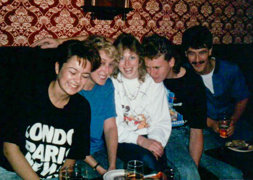 1980's? Exeter. Martin Evans identifies Melanie May, Sandy Gooch, Tracey Hill, Christian Webber, Martin Evans. Wendy Hawker adds "This was my leaving do." (Courtesy Phillip Budd)