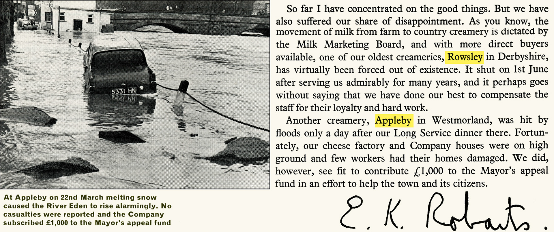 1968 E.K. Robarts announces the closure of Rowsley, and floods at Appleby. (Express News Summer)
