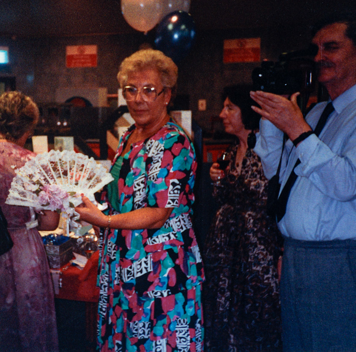 1992 June - Beryl Purslove's retirement party (30th June) Beryl with Steve Lorton with video camera