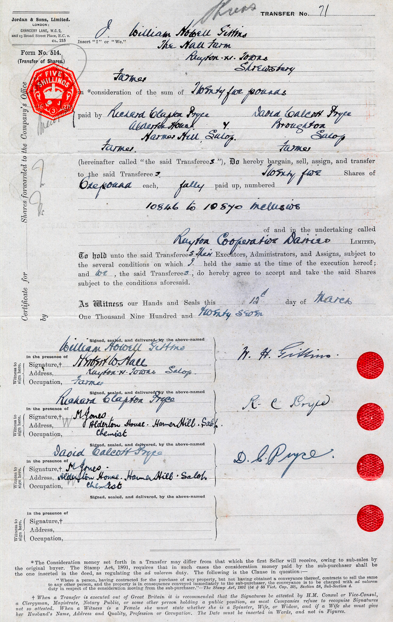 1927-William Howell Gittins-Share Transfer Form