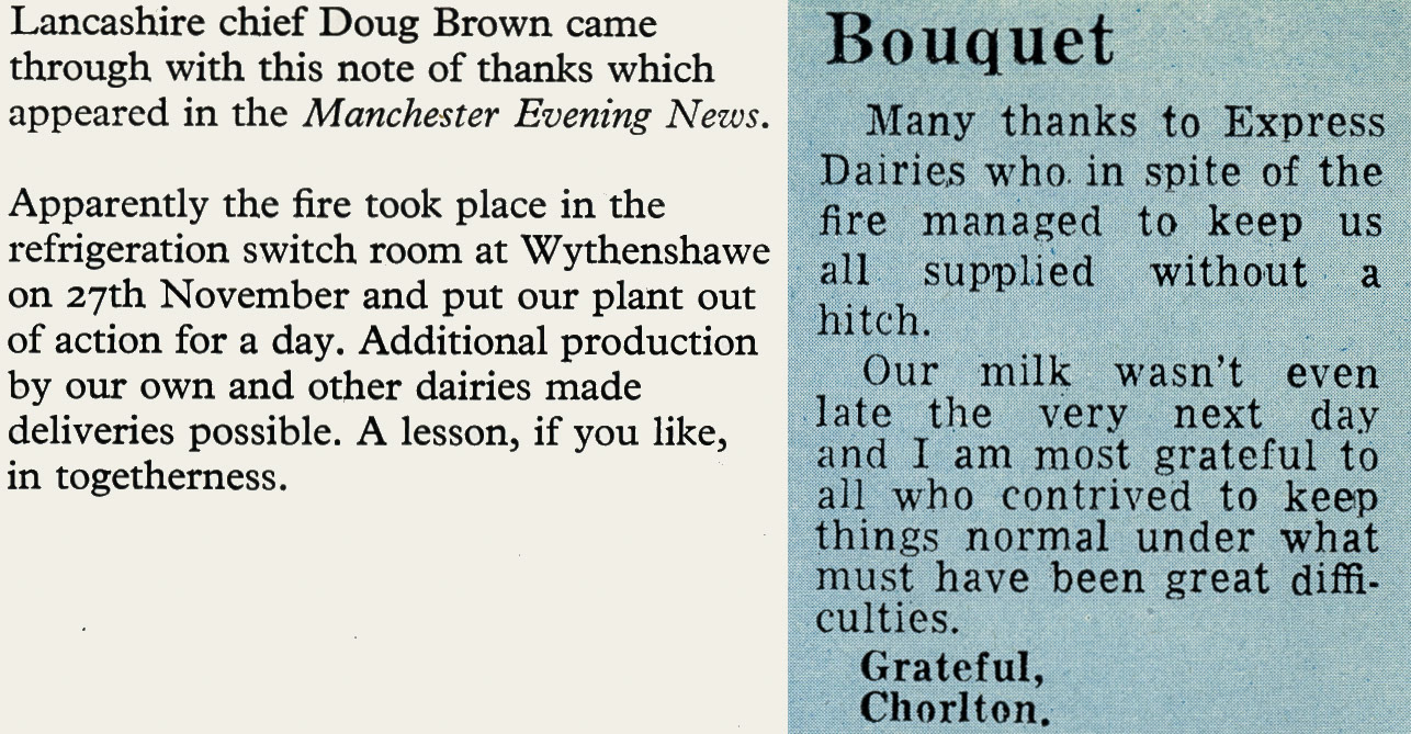 1974 Appreciation for keeping the milk supply going after a fire affecting Wythenshawe's refrigeration plant on 27th November. (Express News Spring 1975)