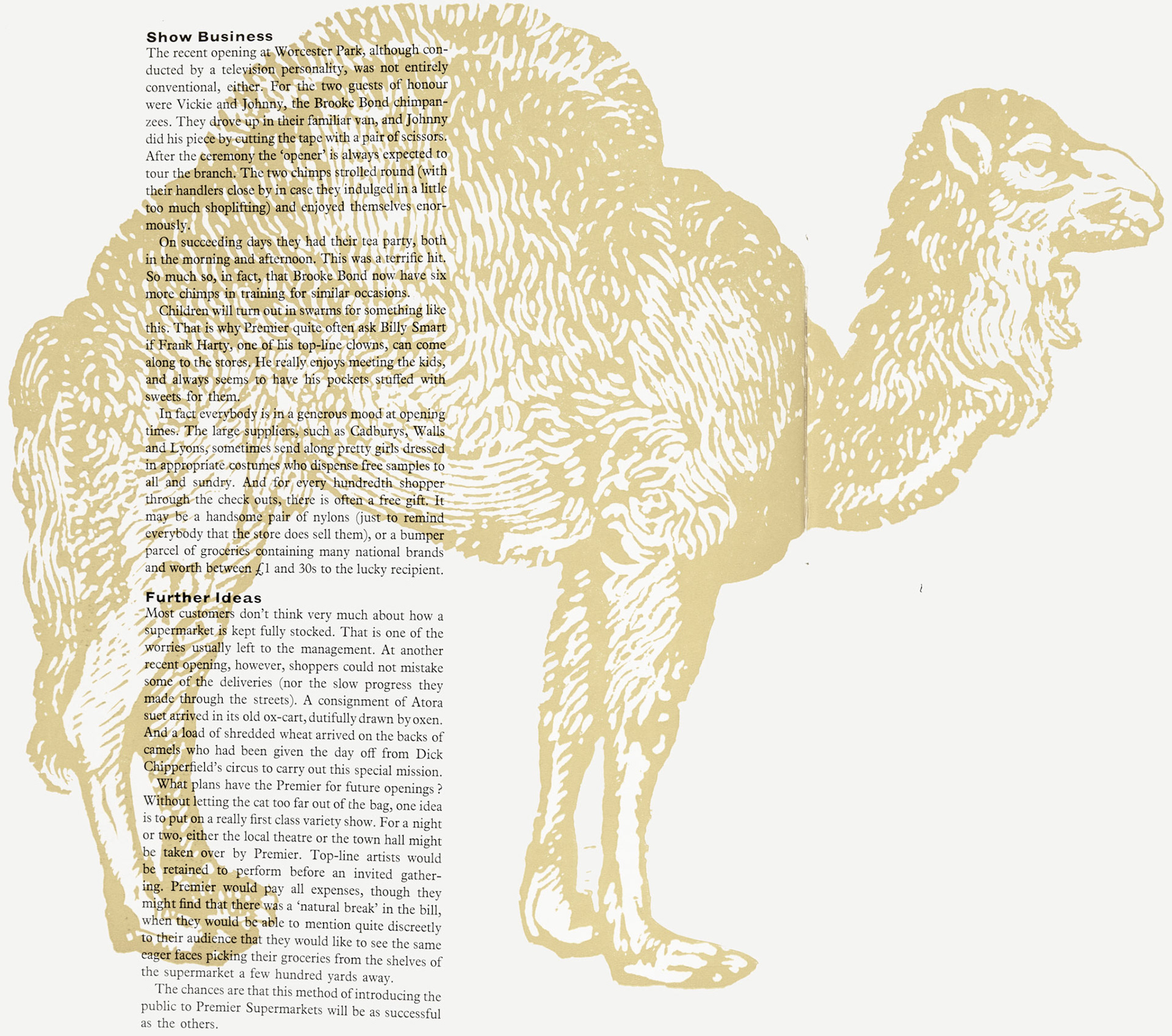 1961 Premier Supermarkets feature article discusses publicity ideas for store openings, mentioning Brooke Bond tea chimpanzees at the Worcester Park, Surrey opening. (Express News Autumn)