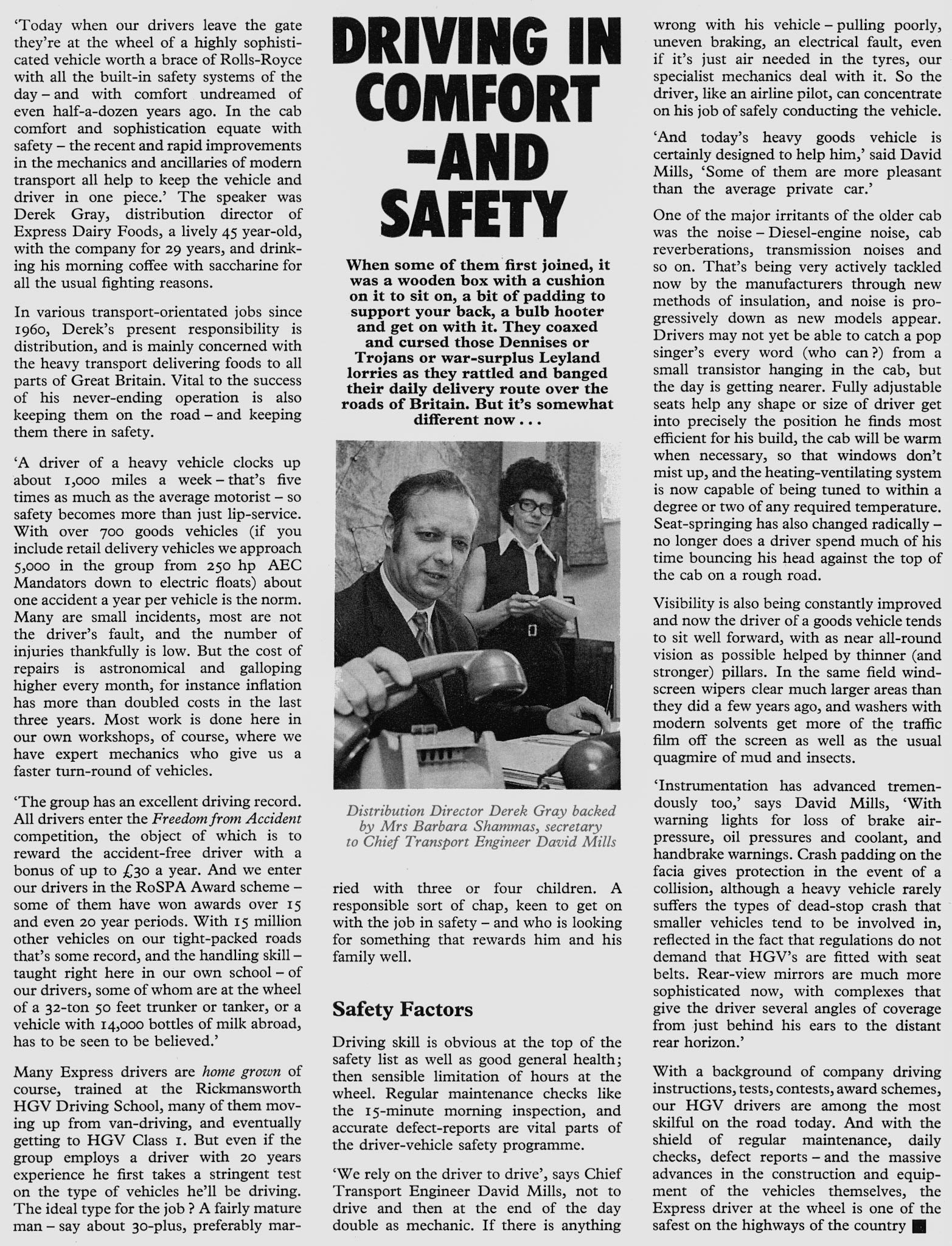 1975 Derek Gray writes about drivers' comfort and safety. (Express News Spring)
