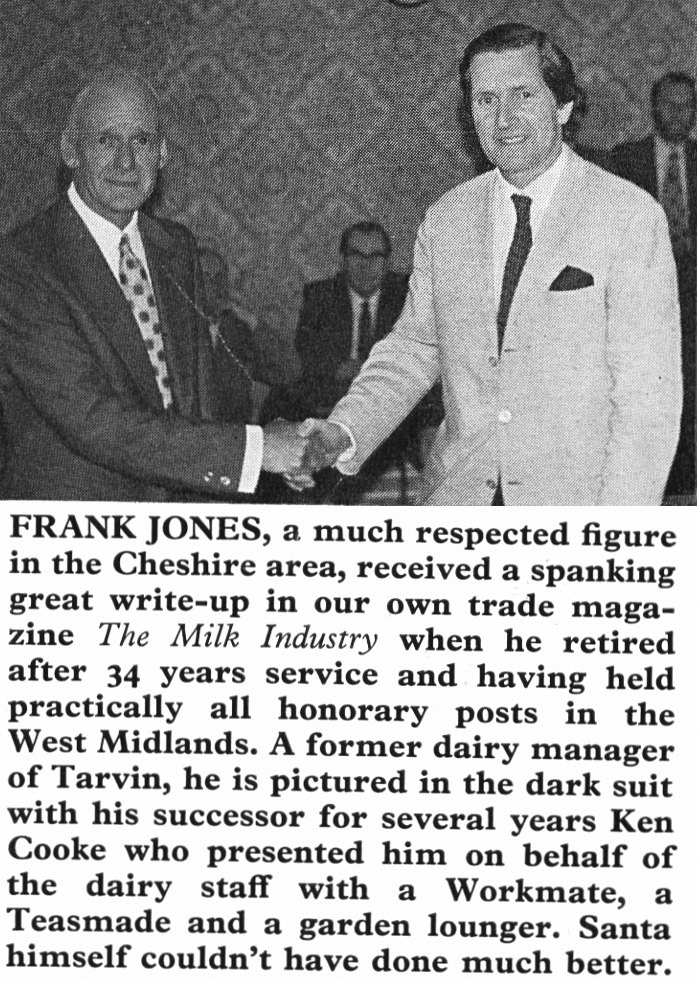 1976 Frank Jones, previously manager of Tarvin Dairy, retires after 34 years, with Ken Cooke. (Express News Christmas)