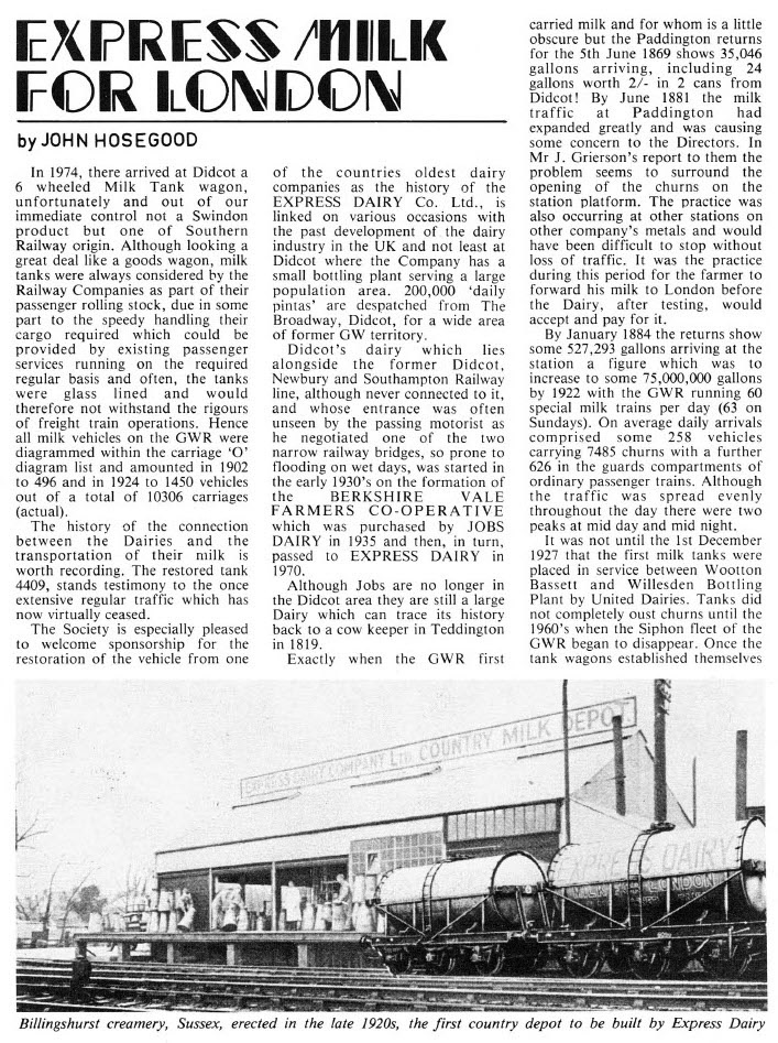 1982 GWR Society article about milk traffic. (From Express Milk for London-John Hosegood)