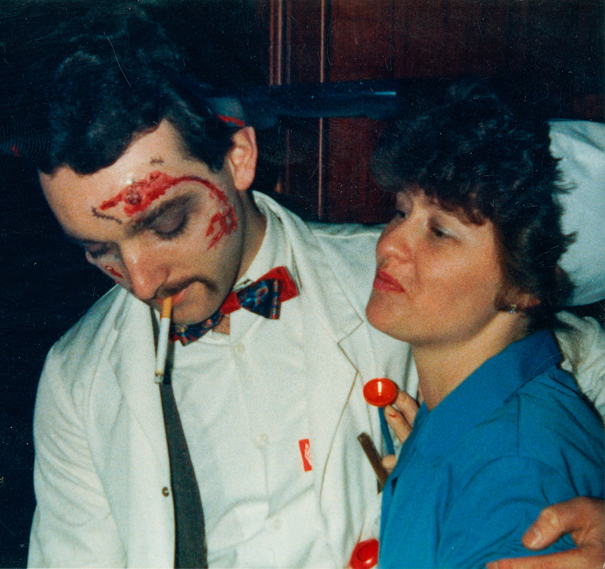1988 Honiton staff (Andy &amp; Denise Meecham) celebrate the first Red Nose Day, Fountain Head Inn, Branscombe, Devon. (Courtesy Tim Pearce)