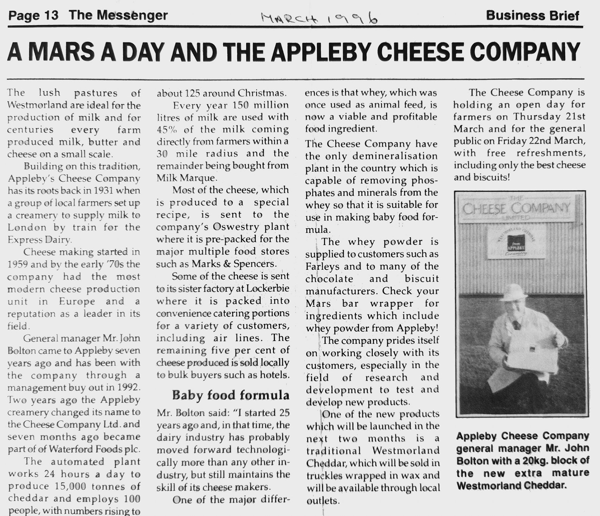 1996 (March). Westmorland Messenger news article. (Courtesy and comments by David Rooke)