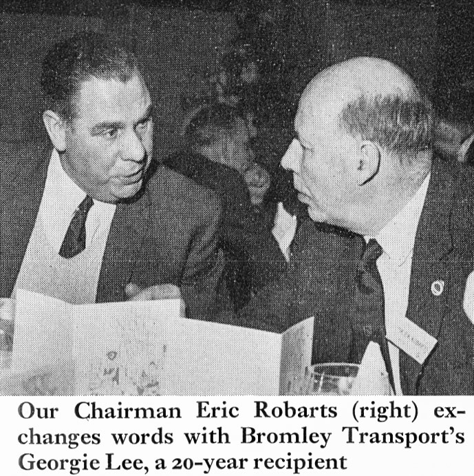 1973 Bromley Transport's Georgie Lee is congratulated by Eric Robarts after 20 years service.  (Express News Spring)