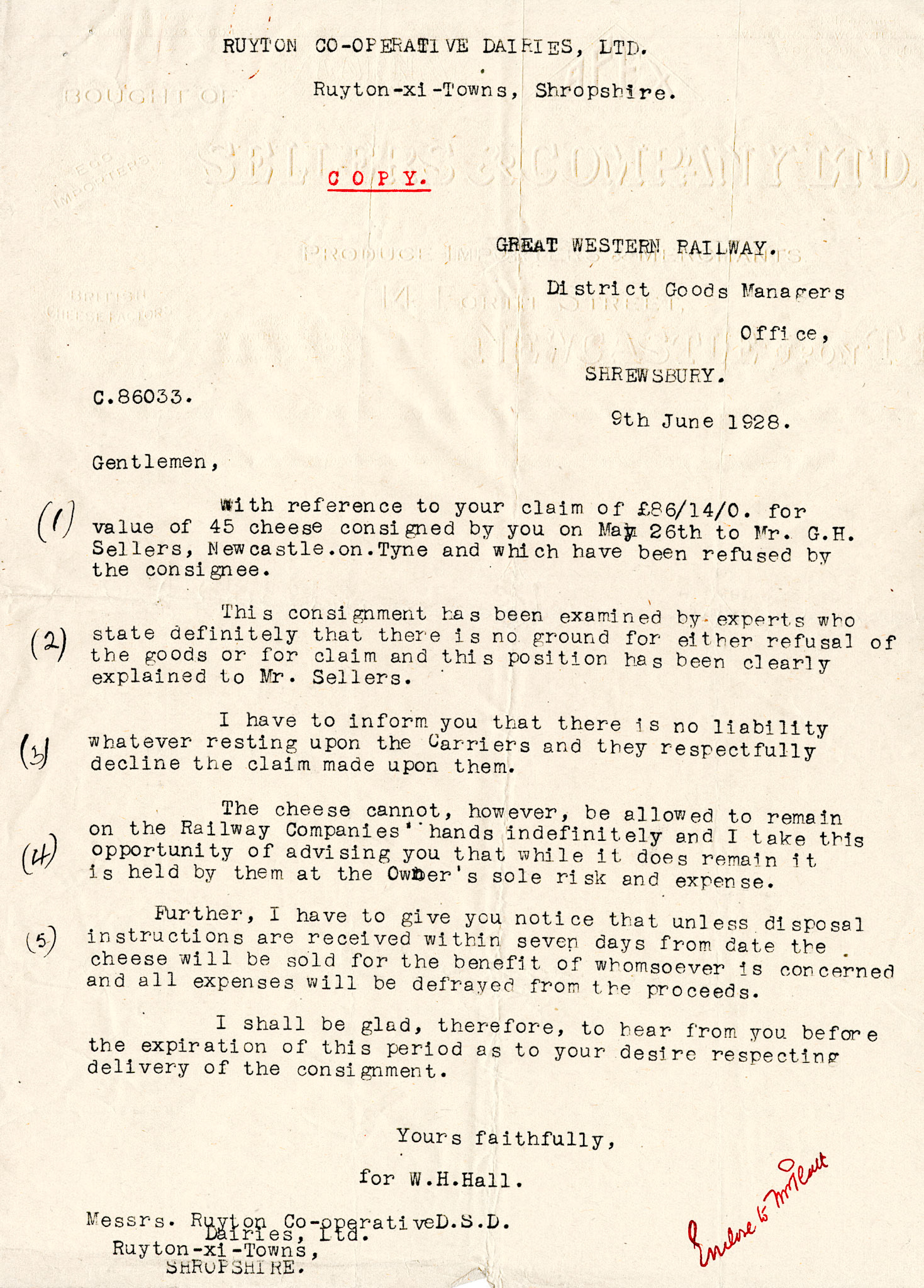 1928 Correspondence regarding a dispute between Ruyton Co-operative Dairies, the Great Western Railway, and Mr G.H. Sellers of Newcastle on Tyne about a cheese delivery that was refused.