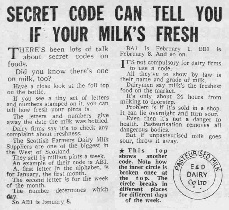 1971 The Sunday Post explains milk bottle cap codes (Courtesy Sunday Post - Sunday 07 February)