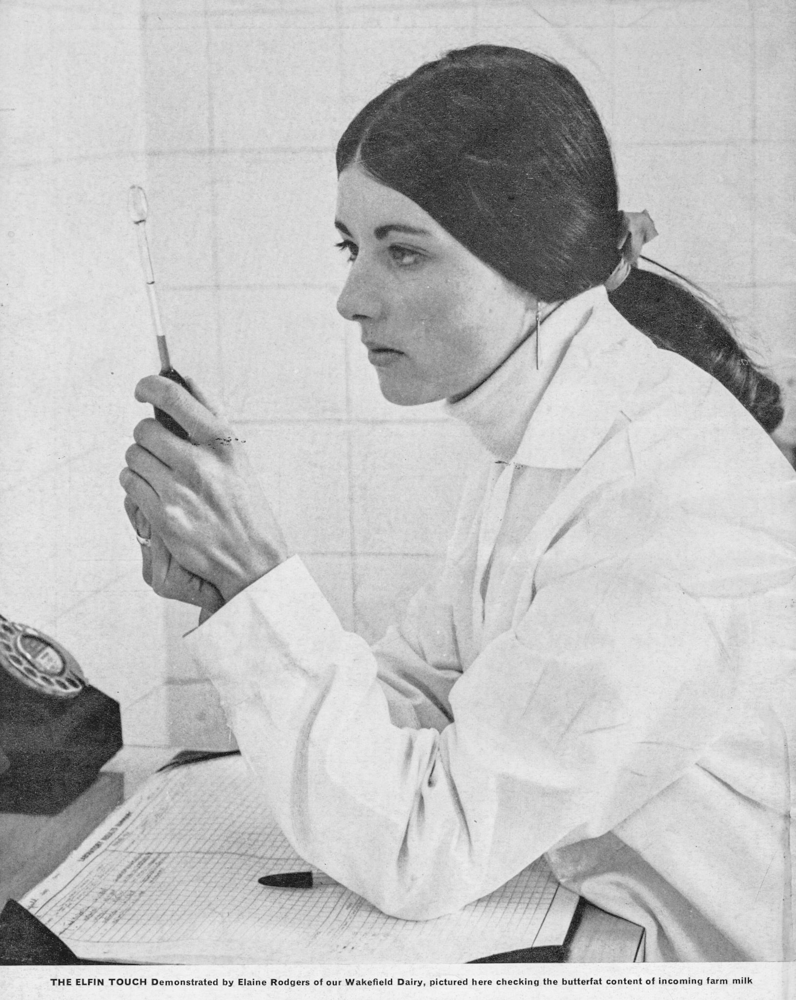 1968 Wakefield- Elaine Rodgers at Wakefield Dairy checking butterfat on incoming farm milk. Glennis Rodgers comments in 2025 "My sister, Elaine Rodgers sadly passed away in 2008; I miss her every day. Ellie had the nickname Dwarf, as she was only 4' 11" but told everyone she was 5'!. She moved to Bradford Model dairy as lab supervisor quite a few years later when her kids were a bit older." Katy Firth added "Ellie was the best-a total inspiration-she gave me my first “food job” in the late 90’s-since done different roles but often think “what would dwarf do”-she was exceptional." (Express News - Summer 1968 Back Cover)