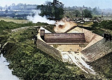 1972 Using explosives to redirect the River Frome at Staplemead Creamery. Colourised (courtesy of Dave Merritt-Johns)