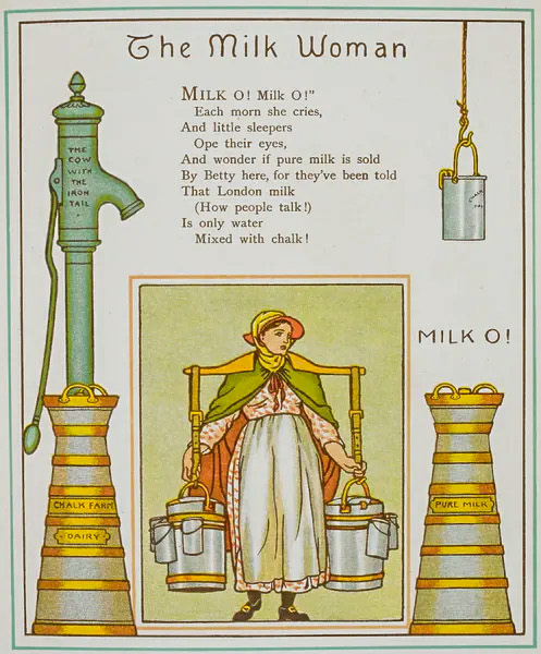 1883 Milk seller from Chalk Farm dairy. Illustration from 'London Town'. (Courtesy British Library archive)