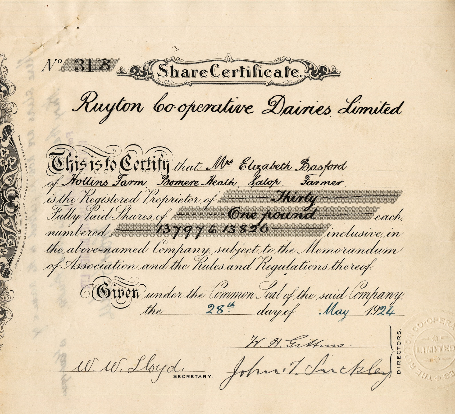 1922 Share Certificate-Elizabeth Birchall (widow) &amp; Martha Lucy Babb (married)