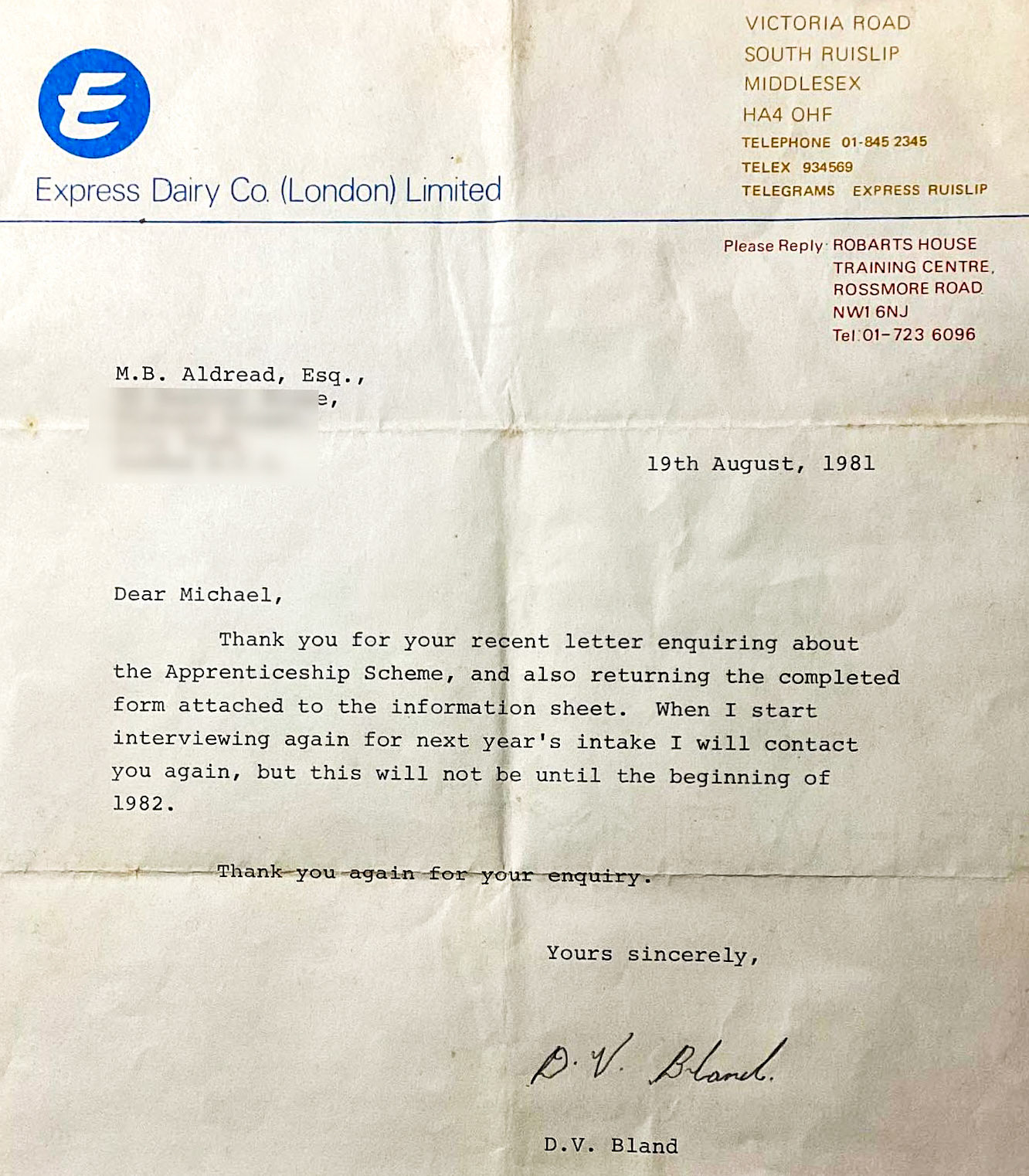 1981 Express Apprenticeship Scheme, letter to Michael Aldread from Doug Bland, who ran the milkmen's courses at Robarts House.